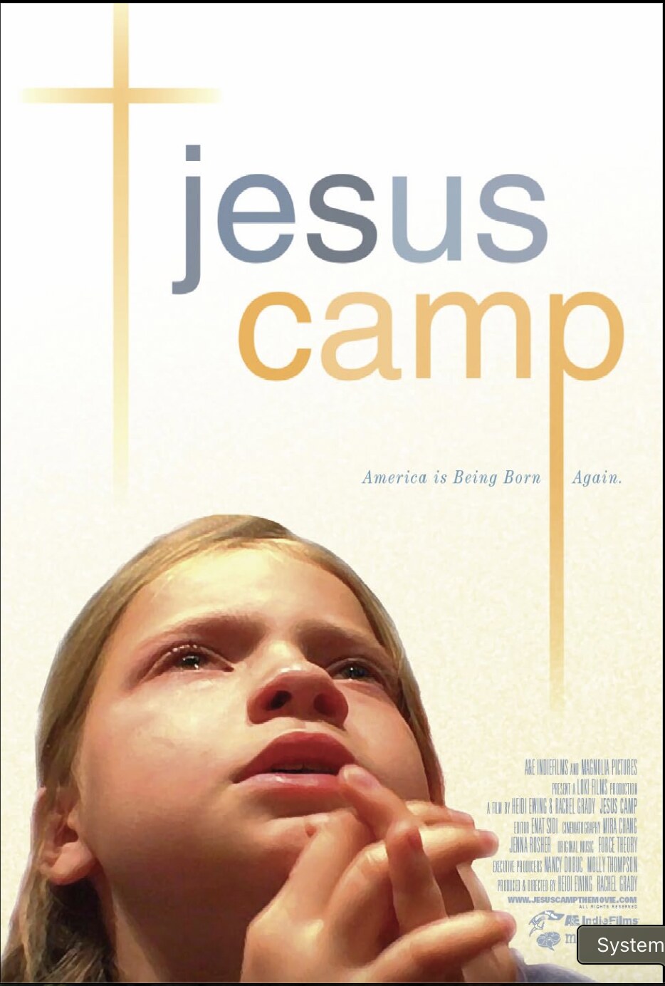 The poster for the film Jesus Camp, showing a child looking upward beneath a cross.