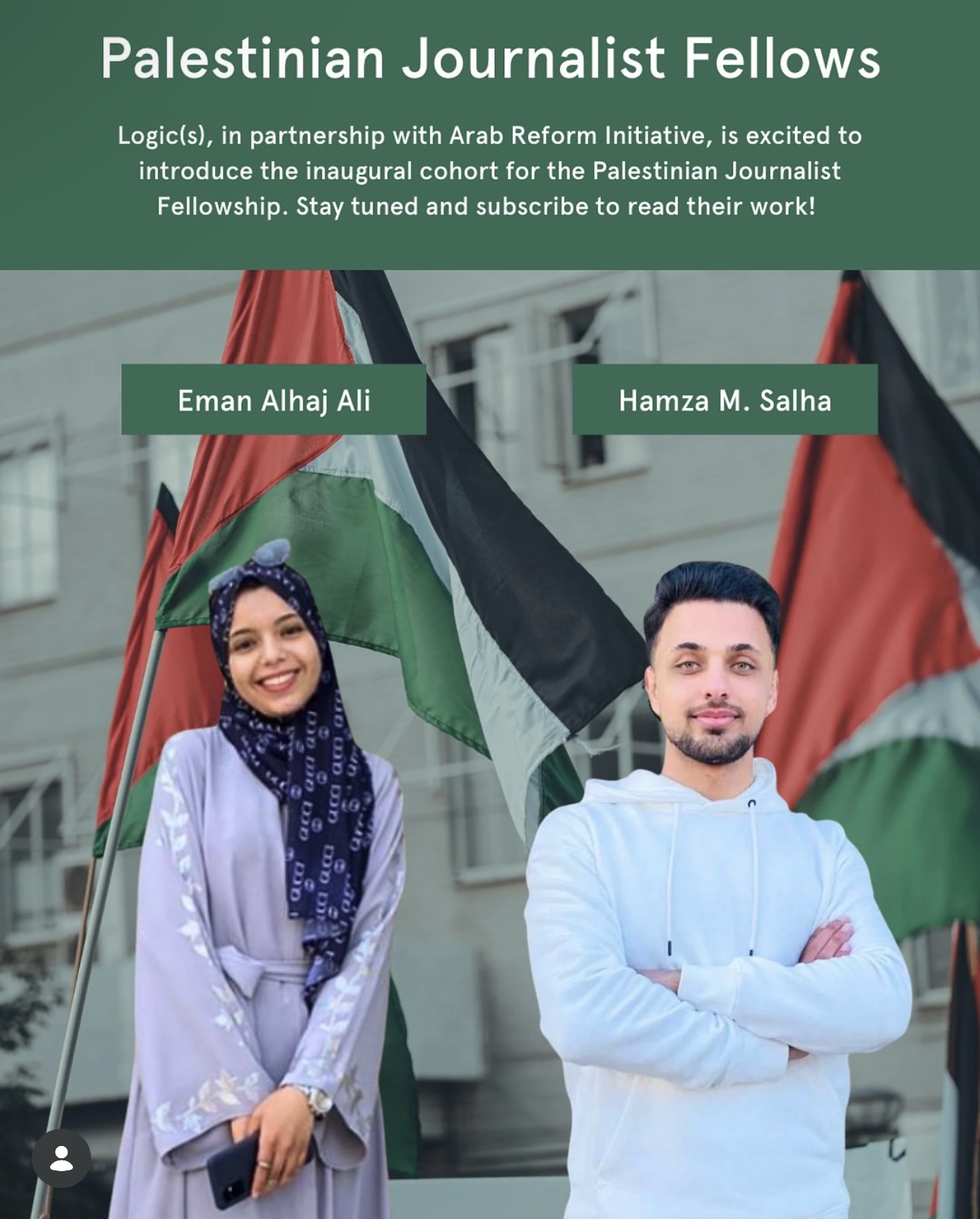 A Palestinian Journalist Fellows flyer featuring portraits of Eman Alhaj Ali and Hamza M. Salha.
