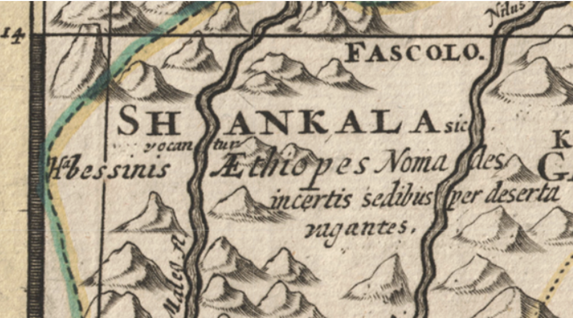 A detail from a seventeenth-century map of Ethiopia labeled Shankala.