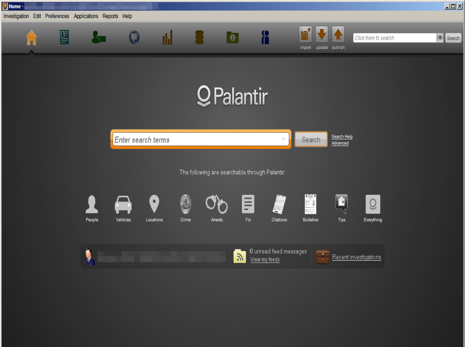 A web browser with a Google-like search bar, over which says 'Palantir'. Underneath the search box are icons indicating things that can only searchable through Palantir: Crime, arrests, etc.