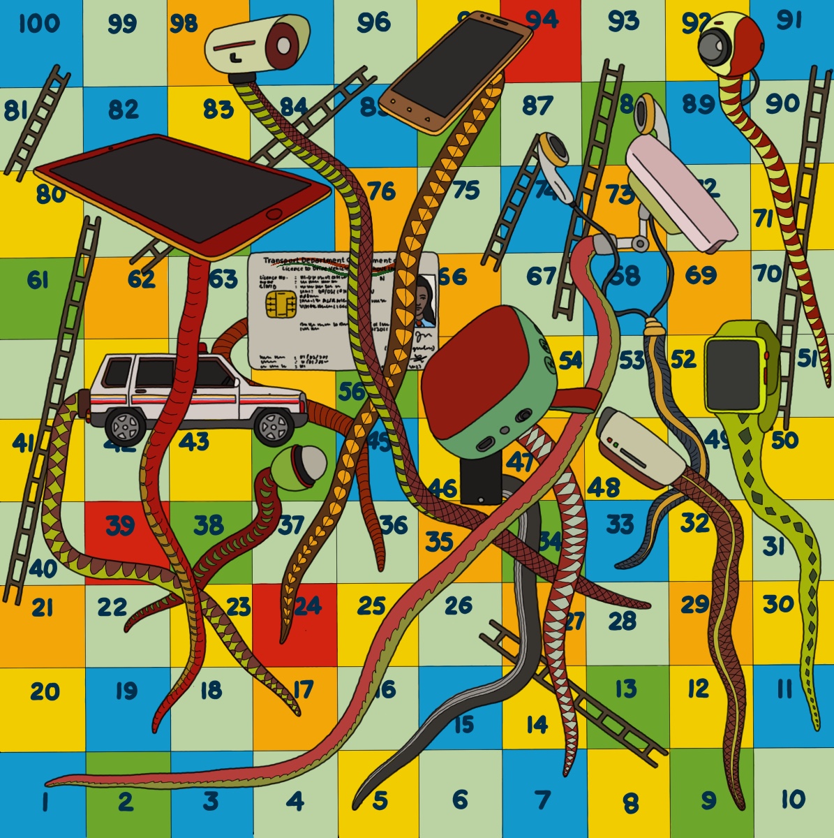 A snakes-and-ladders board numbered 1 to 100 is threaded with snakes whose heads are surveillance cameras, a phone, a tablet, an identity card, and other tracking devices. A police vehicle sits among the numbered squares.