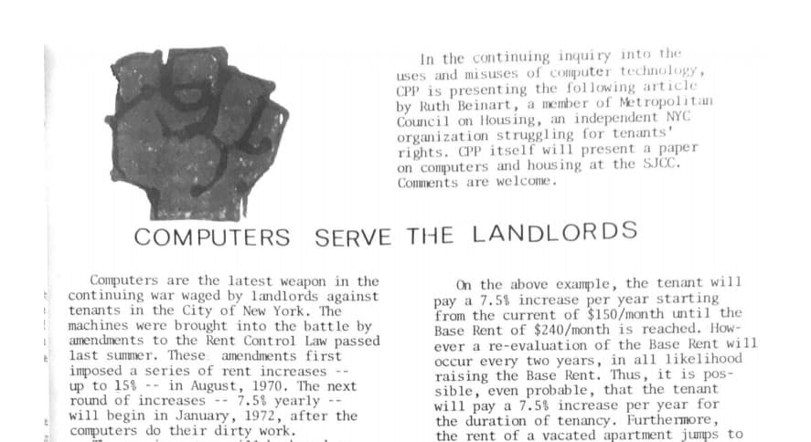 Scan of Interrupt, the CPP newsletter. Includes a fist over a title: 'Computers serve the landlords.' 