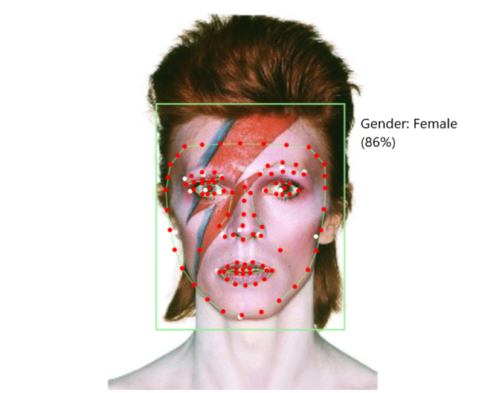 A portrait of David Bowie with visible facial recognition analysis points including red dots around the eyes, nose, mouth, and face outline; with a green bounding box. A label to the right reads the algorithm's conclusion: 'Gender: Female (86%)'.