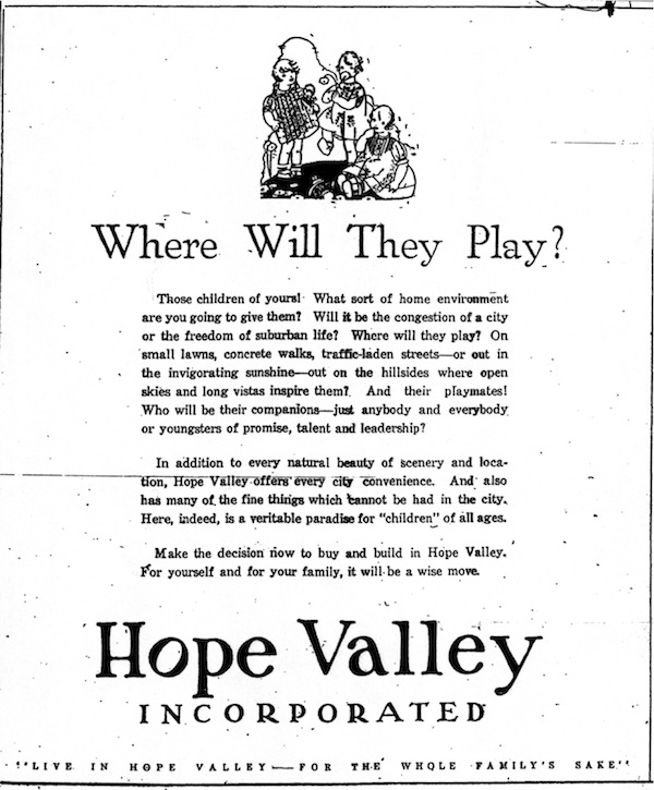 1920s Advertisement from Hope Valley,  the first 'Golf-course' community in Durham. Image: Hope Valley Incorporated via Hacking into History. 